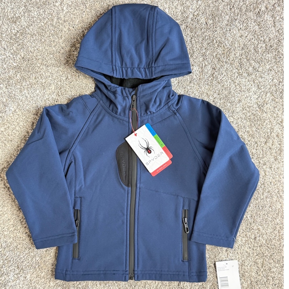 Spyder Boys Navy Blue Softshell Hooded Jacket Fleece Lined Size 3T New w Tags